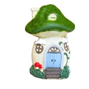 Whimsical Fairy Garden Mushroom House Figurine Moss Green Roof 5 inches Tall